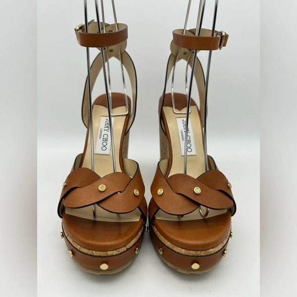 $795 Jimmy Choo Women's Cognac Drya Studded Wedge Sandal Shoes Size EU 38 - Picture 10 of 16